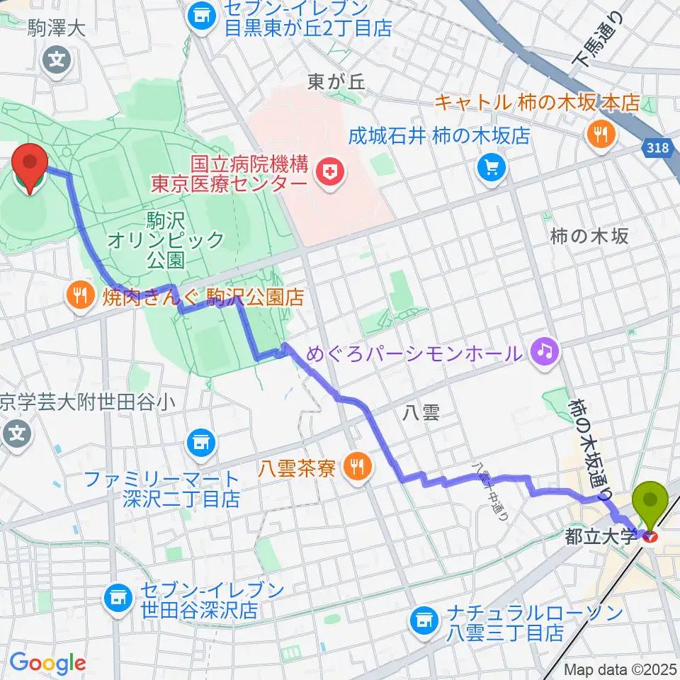 都立大学駅から駒沢オリンピック公園硬式野球場へのルートマップ地図