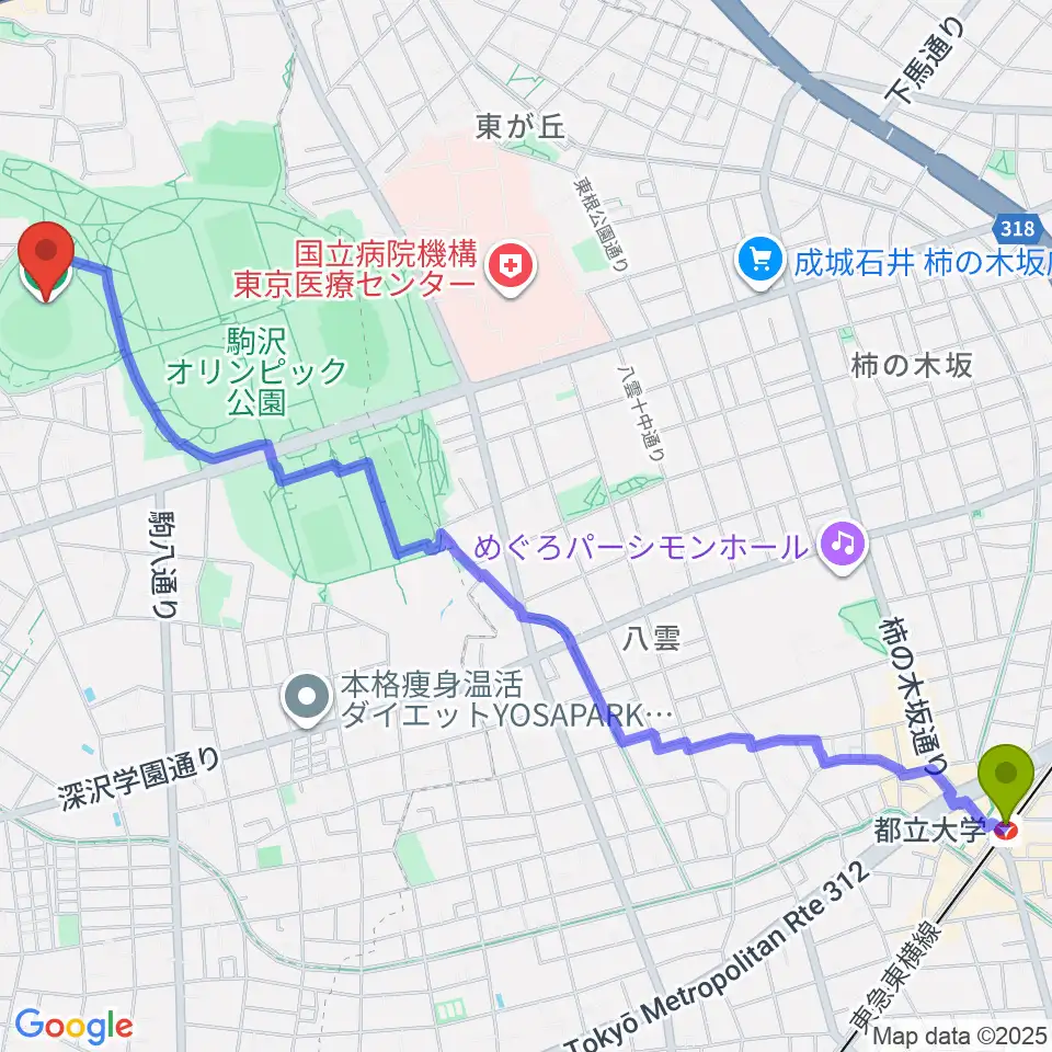 都立大学駅から駒沢オリンピック公園硬式野球場へのルートマップ地図