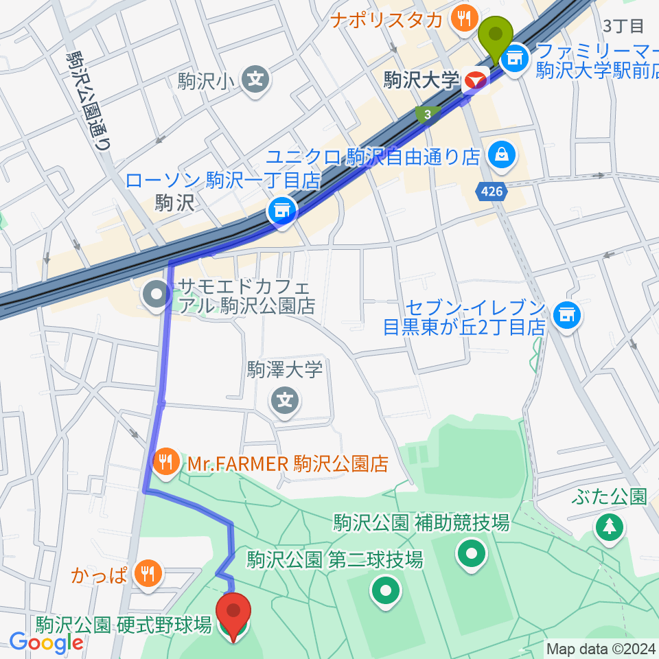 駒沢オリンピック公園硬式野球場の最寄駅駒沢大学駅からの徒歩ルート（約15分）地図