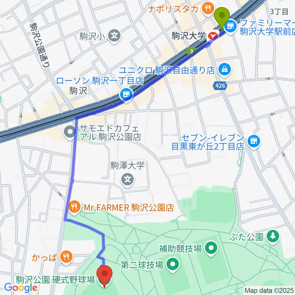 駒沢オリンピック公園硬式野球場の最寄駅駒沢大学駅からの徒歩ルート（約15分）地図