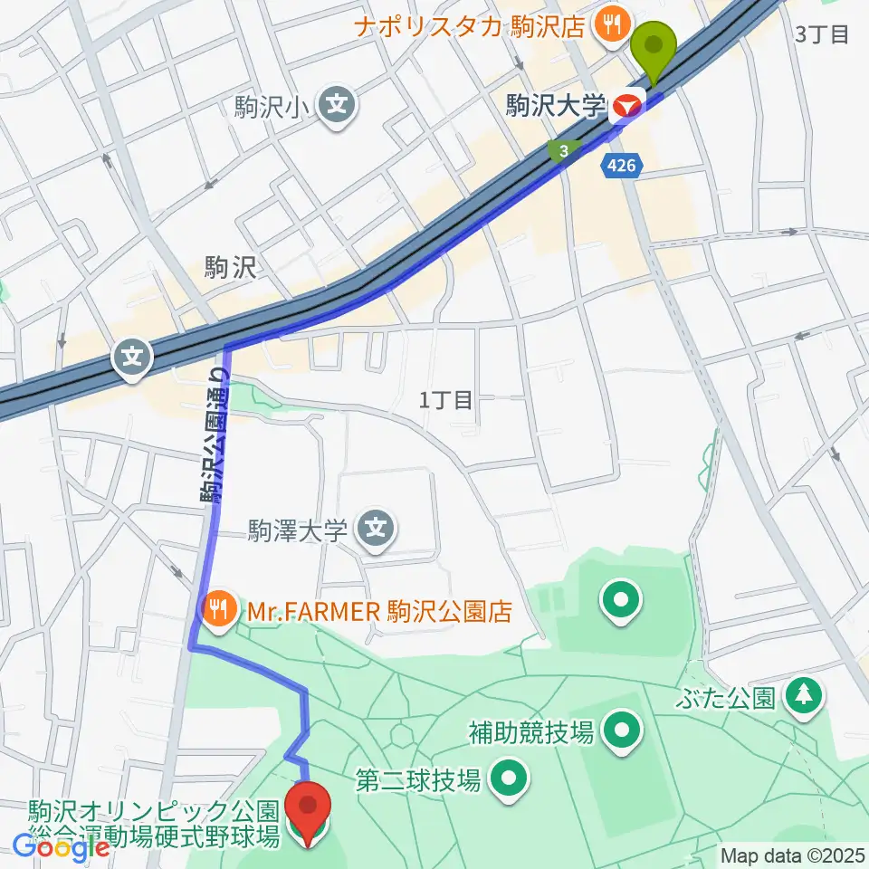 駒沢オリンピック公園硬式野球場の最寄駅駒沢大学駅からの徒歩ルート（約15分）地図
