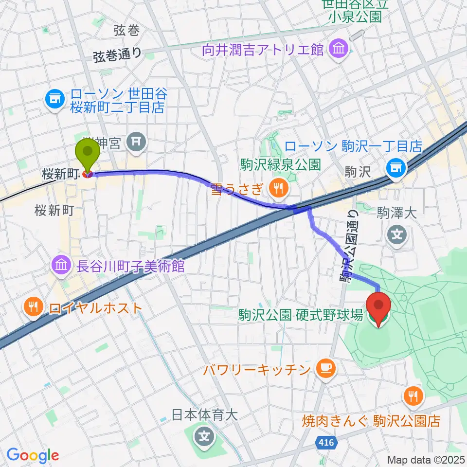 桜新町駅から駒沢オリンピック公園硬式野球場へのルートマップ地図