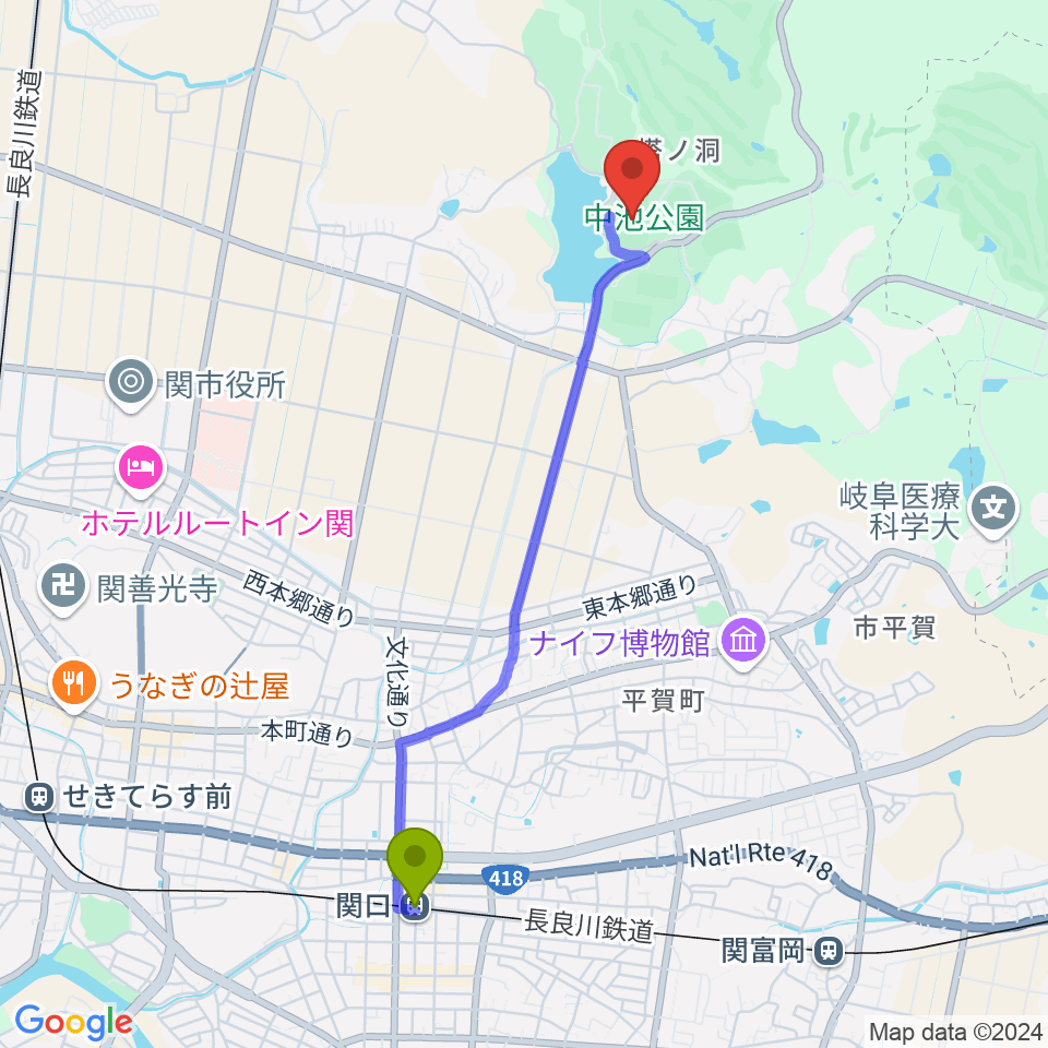 関口駅から中池かわせみスタジアムへのルートマップ地図