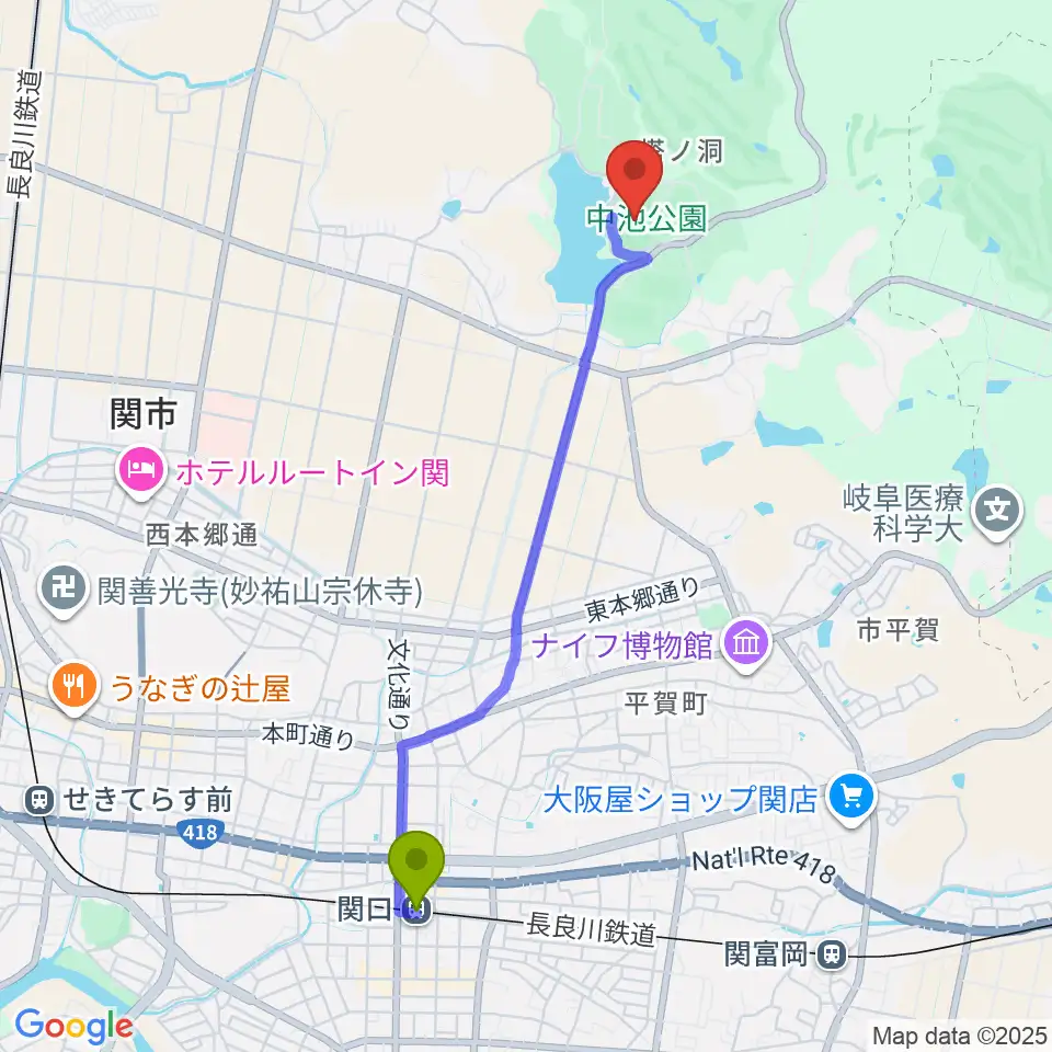 関口駅から中池かわせみスタジアムへのルートマップ地図