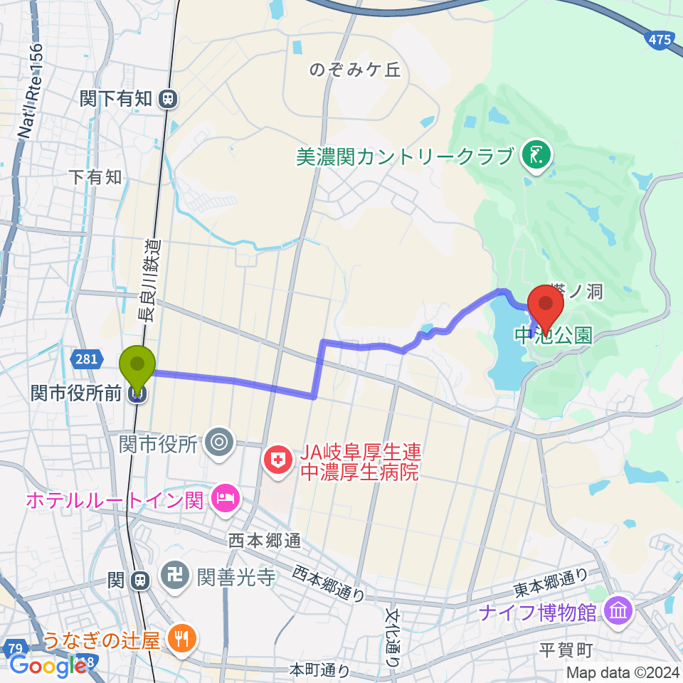 中池かわせみスタジアムの最寄駅関市役所前駅からの徒歩ルート（約38分）地図