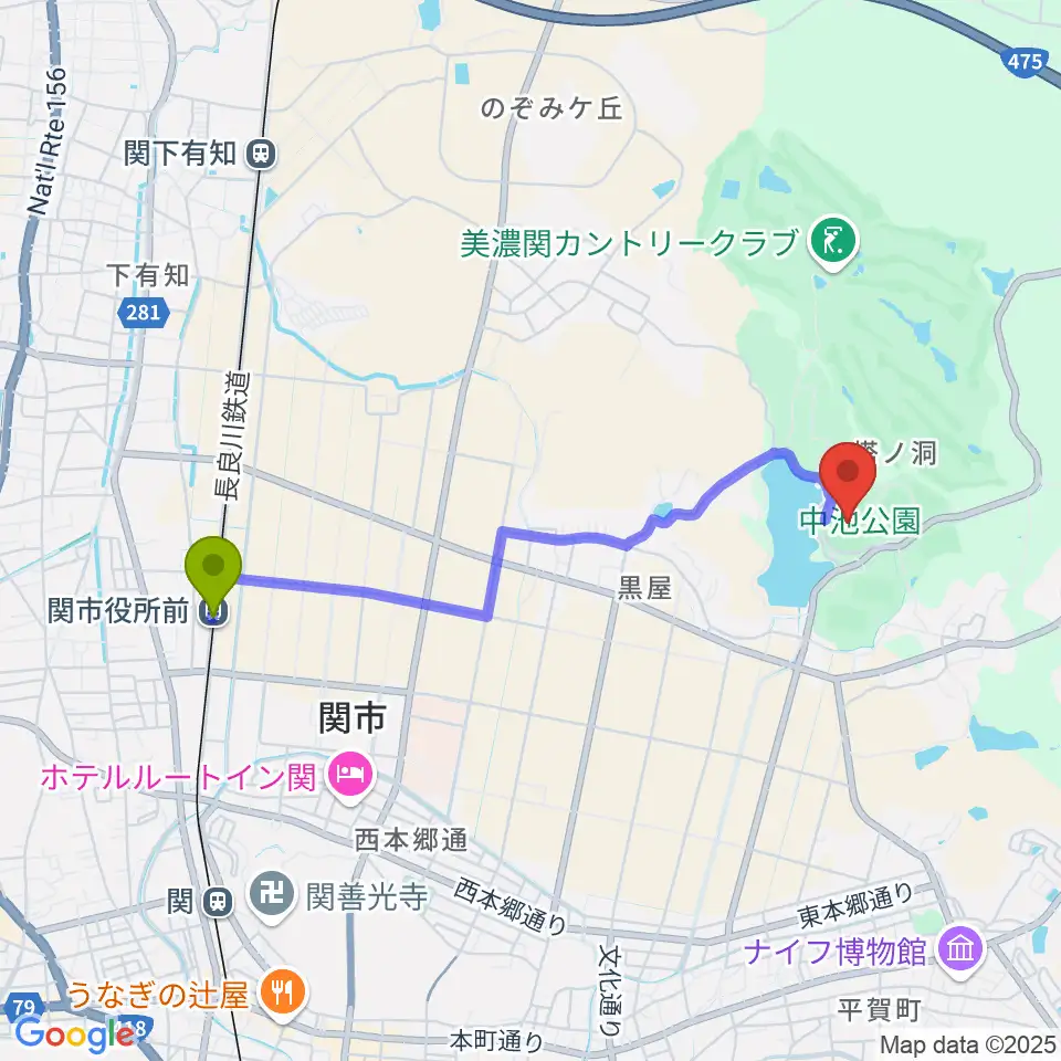 中池かわせみスタジアムの最寄駅関市役所前駅からの徒歩ルート（約38分）地図