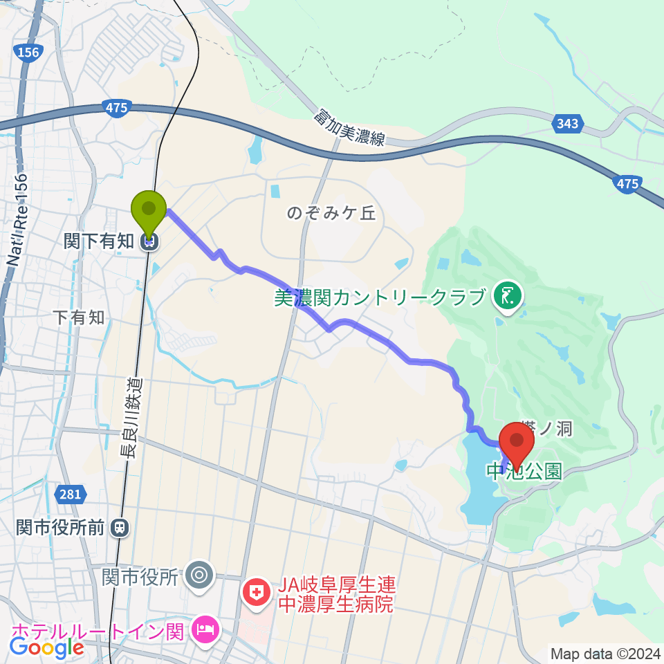 関下有知駅から中池かわせみスタジアムへのルートマップ地図