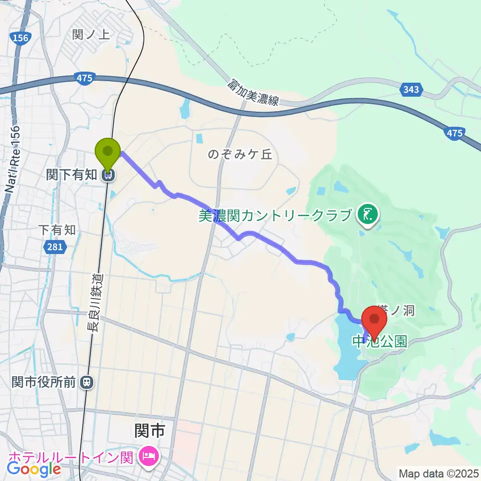 関下有知駅から中池かわせみスタジアムへのルートマップ地図