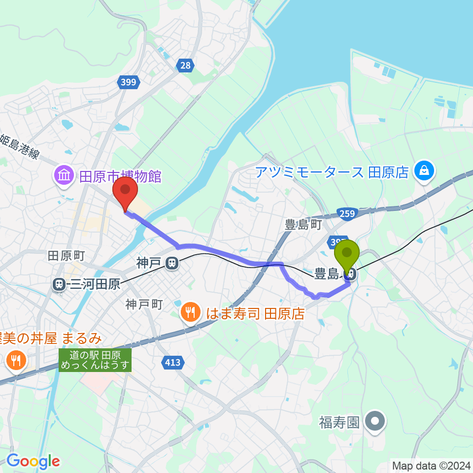 豊島駅から田原文化会館へのルートマップ地図