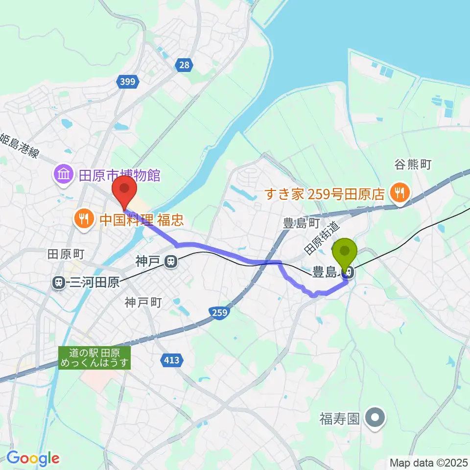 豊島駅から田原文化会館へのルートマップ地図