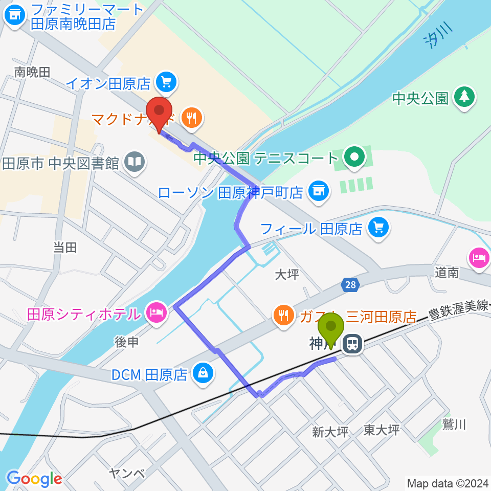 田原文化会館の最寄駅神戸駅からの徒歩ルート（約9分）地図