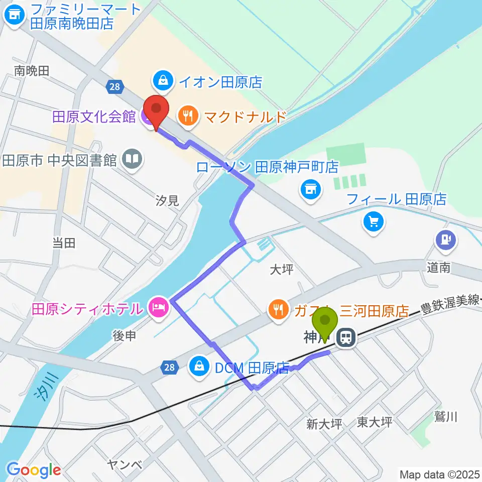 田原文化会館の最寄駅神戸駅からの徒歩ルート（約9分）地図