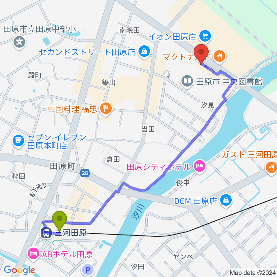 三河田原駅から田原文化会館へのルートマップ地図