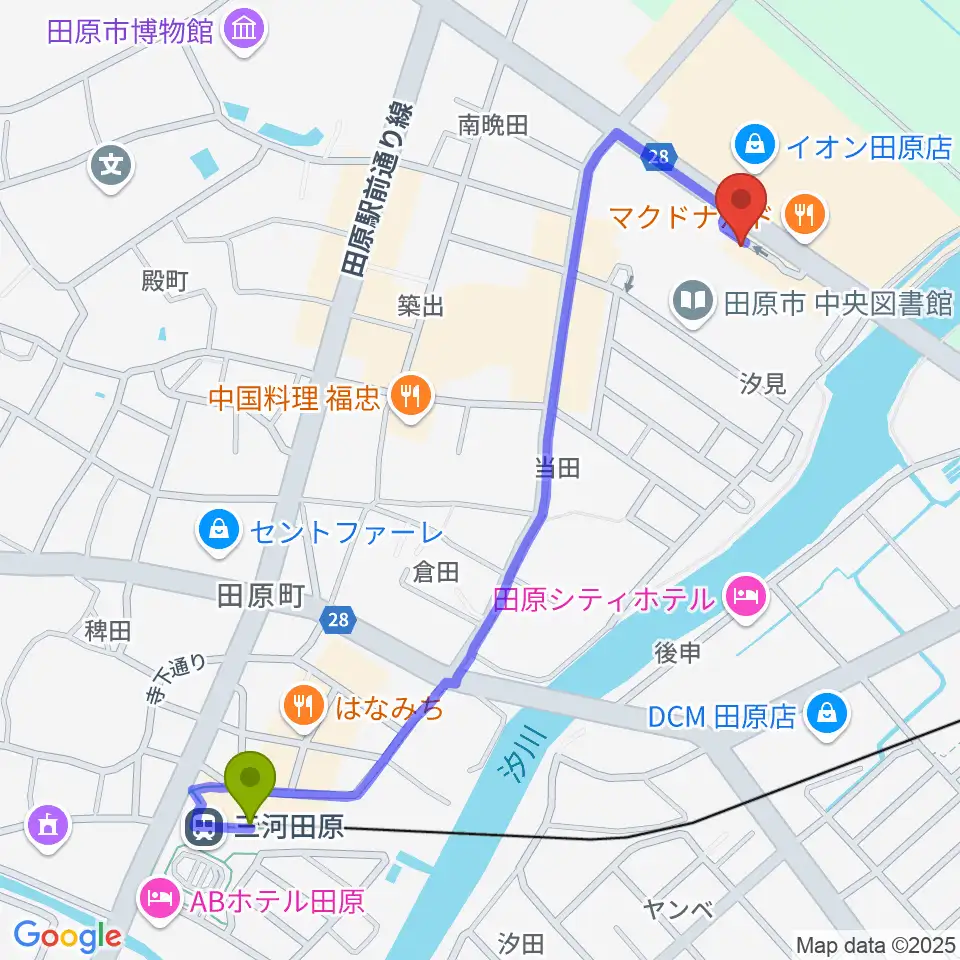 三河田原駅から田原文化会館へのルートマップ地図