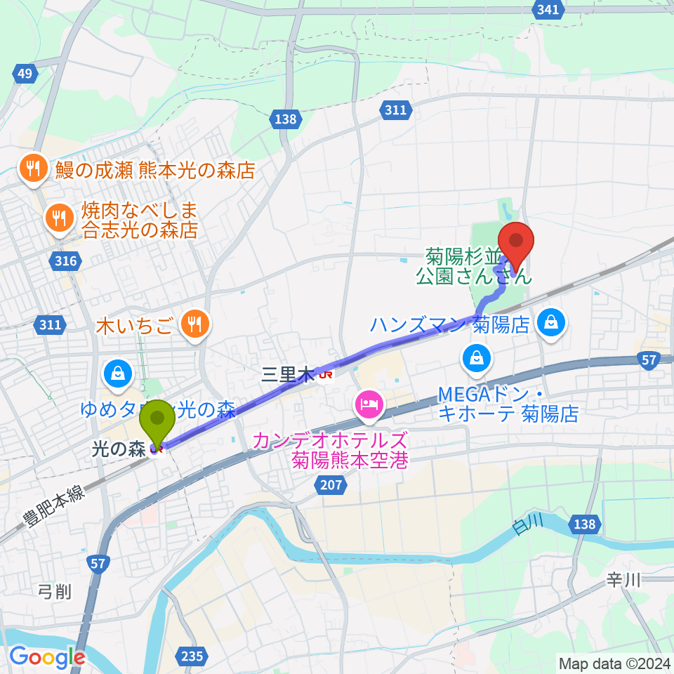 光の森駅から菊陽町図書館ホールへのルートマップ地図