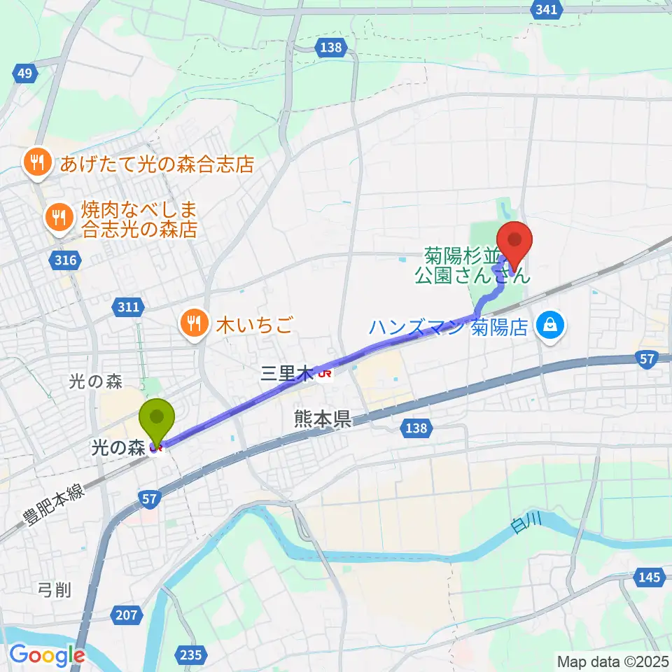 光の森駅から菊陽町図書館ホールへのルートマップ地図