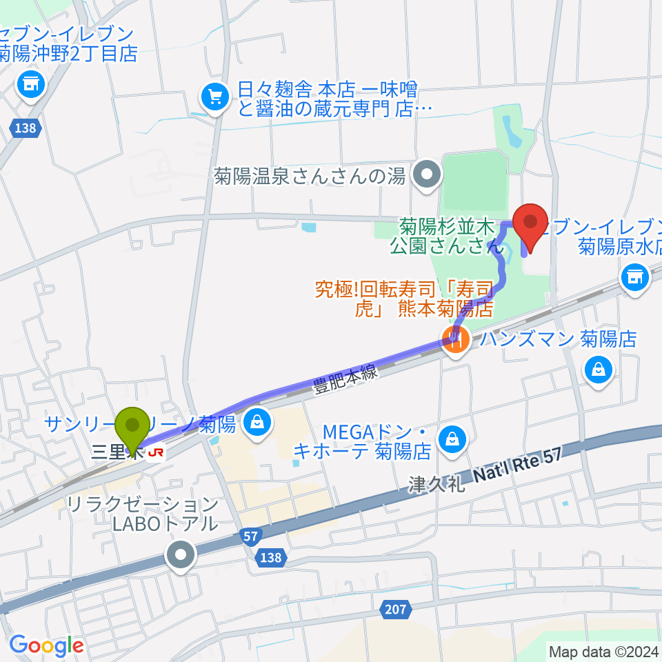 菊陽町図書館ホールの最寄駅三里木駅からの徒歩ルート（約22分）地図