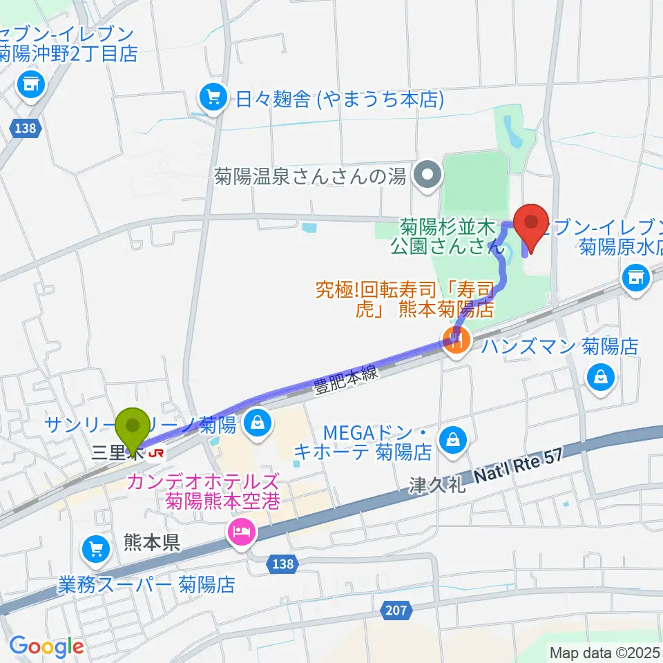 菊陽町図書館ホールの最寄駅三里木駅からの徒歩ルート（約22分）地図