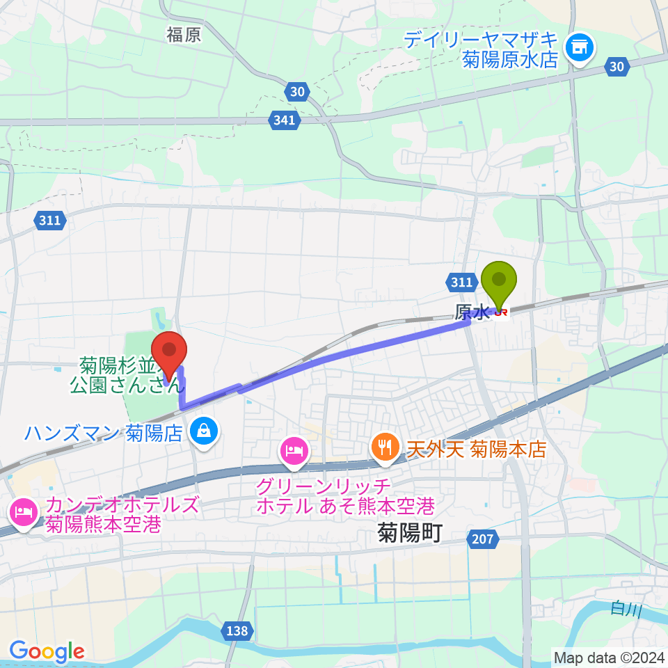 原水駅から菊陽町図書館ホールへのルートマップ地図