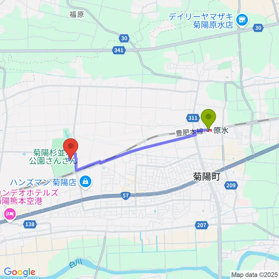 原水駅から菊陽町図書館ホールへのルートマップ地図