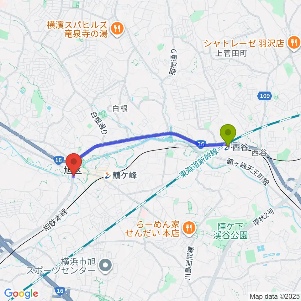 西谷駅から横浜市旭公会堂へのルートマップ地図
