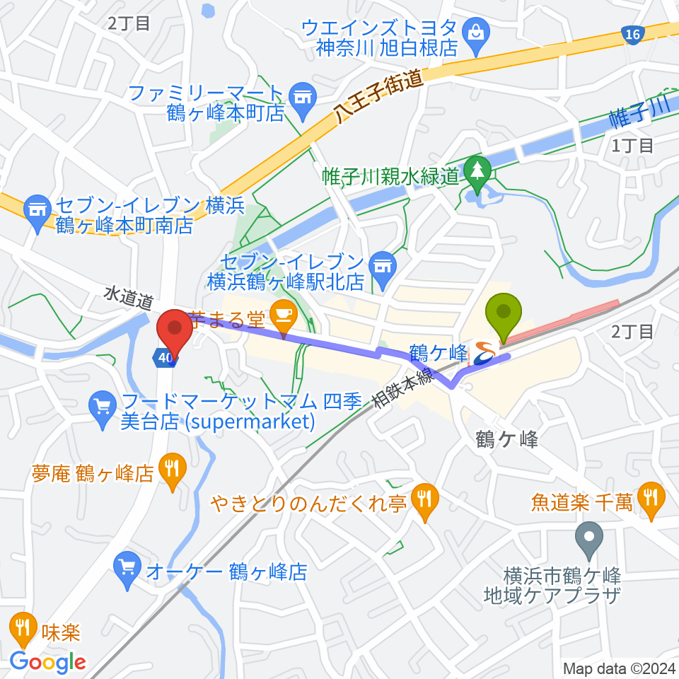 横浜市旭公会堂の最寄駅鶴ヶ峰駅からの徒歩ルート（約8分）地図