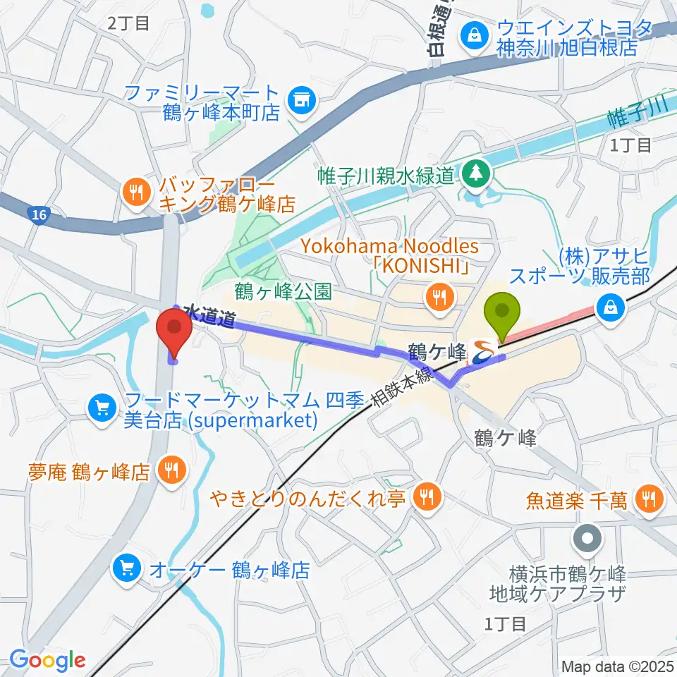横浜市旭公会堂の最寄駅鶴ヶ峰駅からの徒歩ルート（約8分）地図