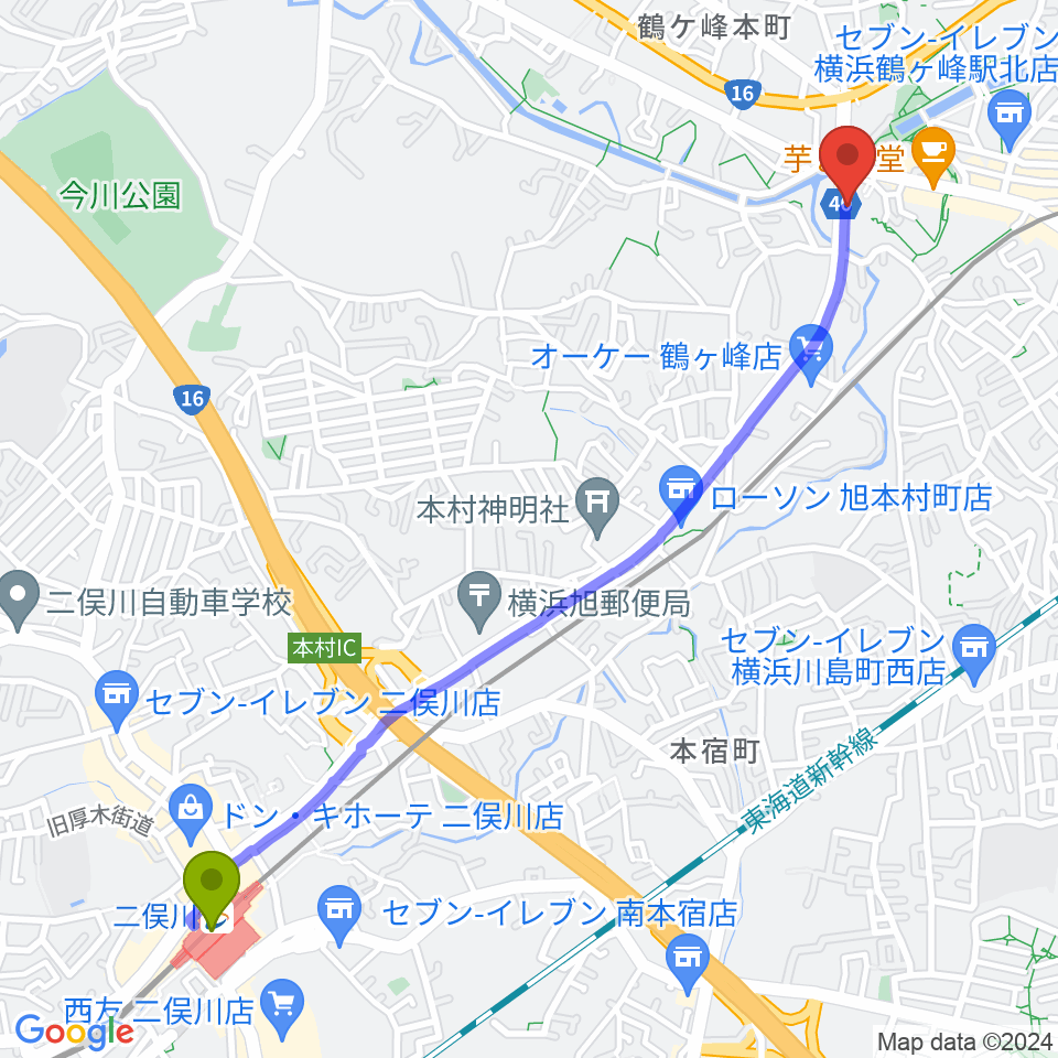 二俣川駅から横浜市旭公会堂へのルートマップ地図