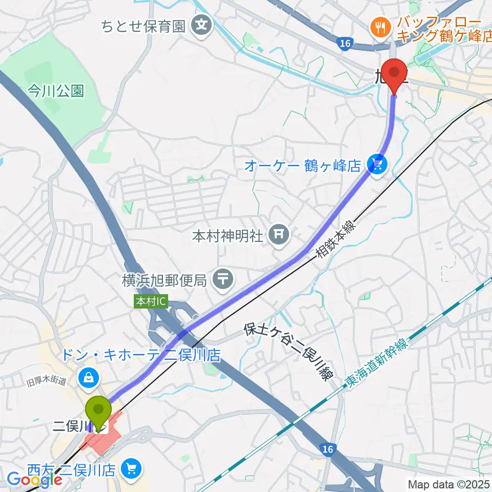 二俣川駅から横浜市旭公会堂へのルートマップ地図