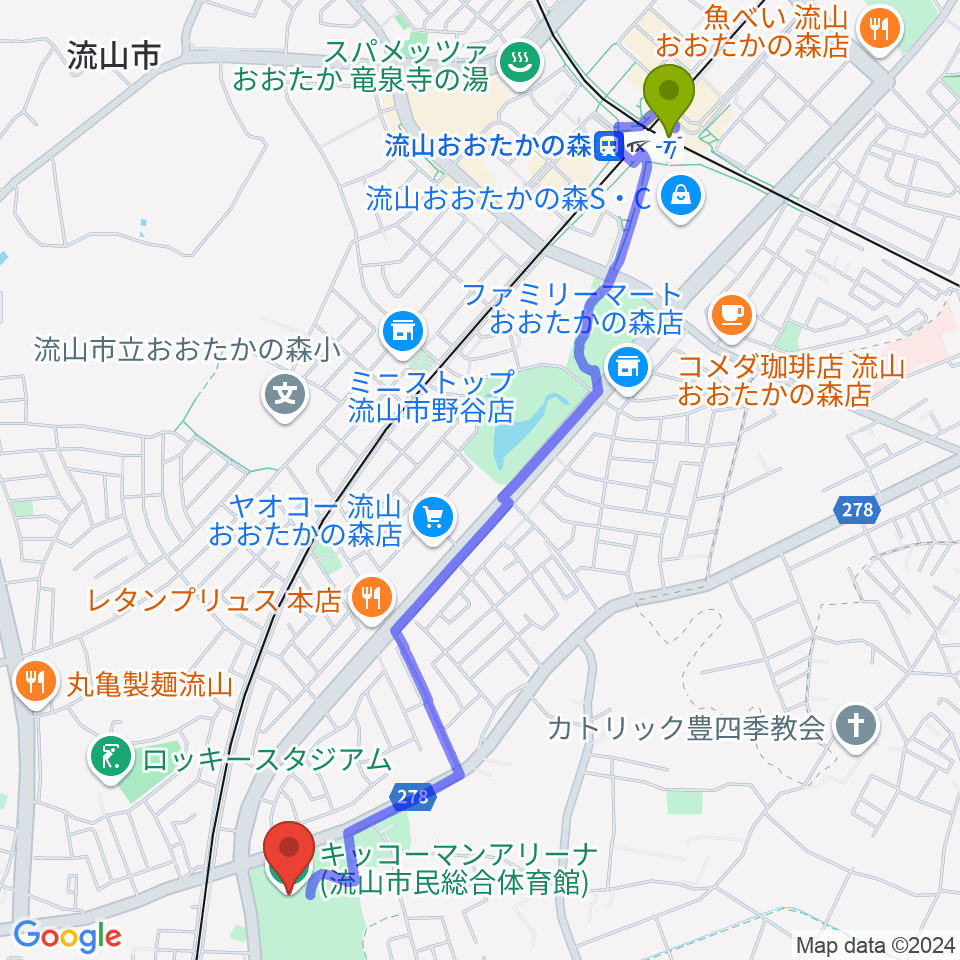 流山おおたかの森駅からキッコーマンアリーナへのルートマップ地図