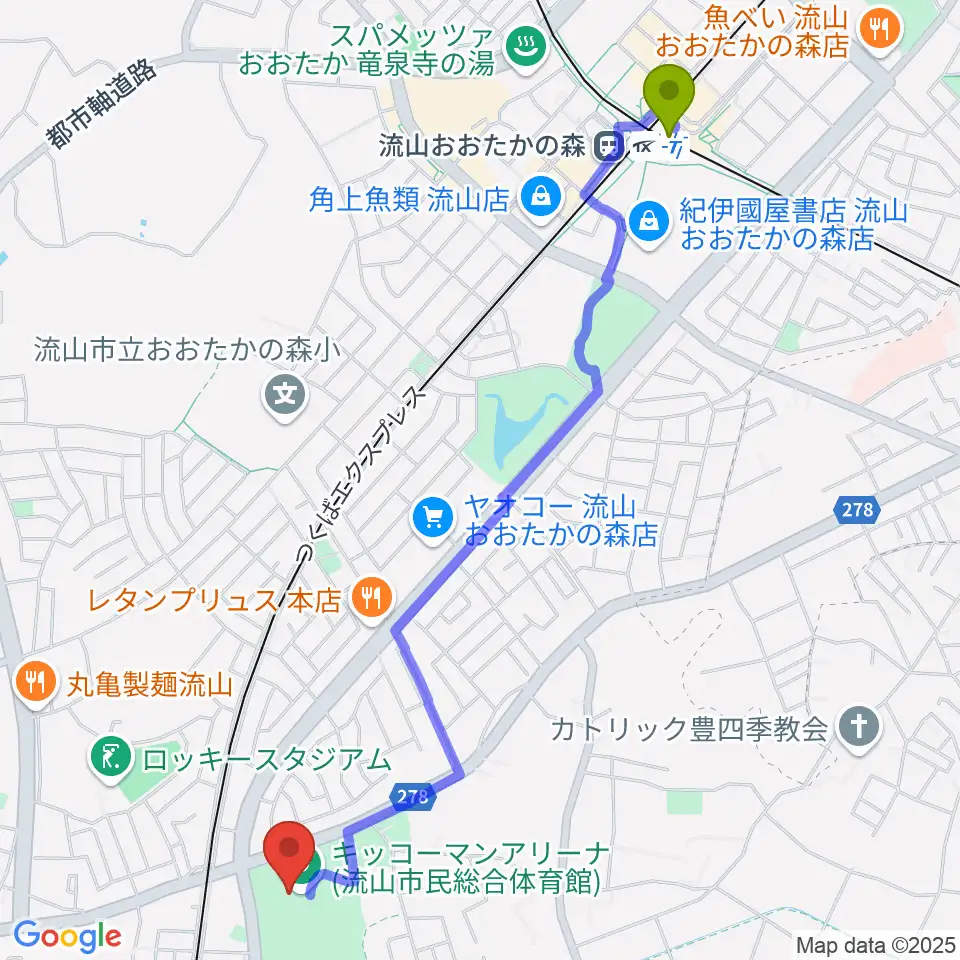 流山おおたかの森駅からキッコーマンアリーナへのルートマップ地図