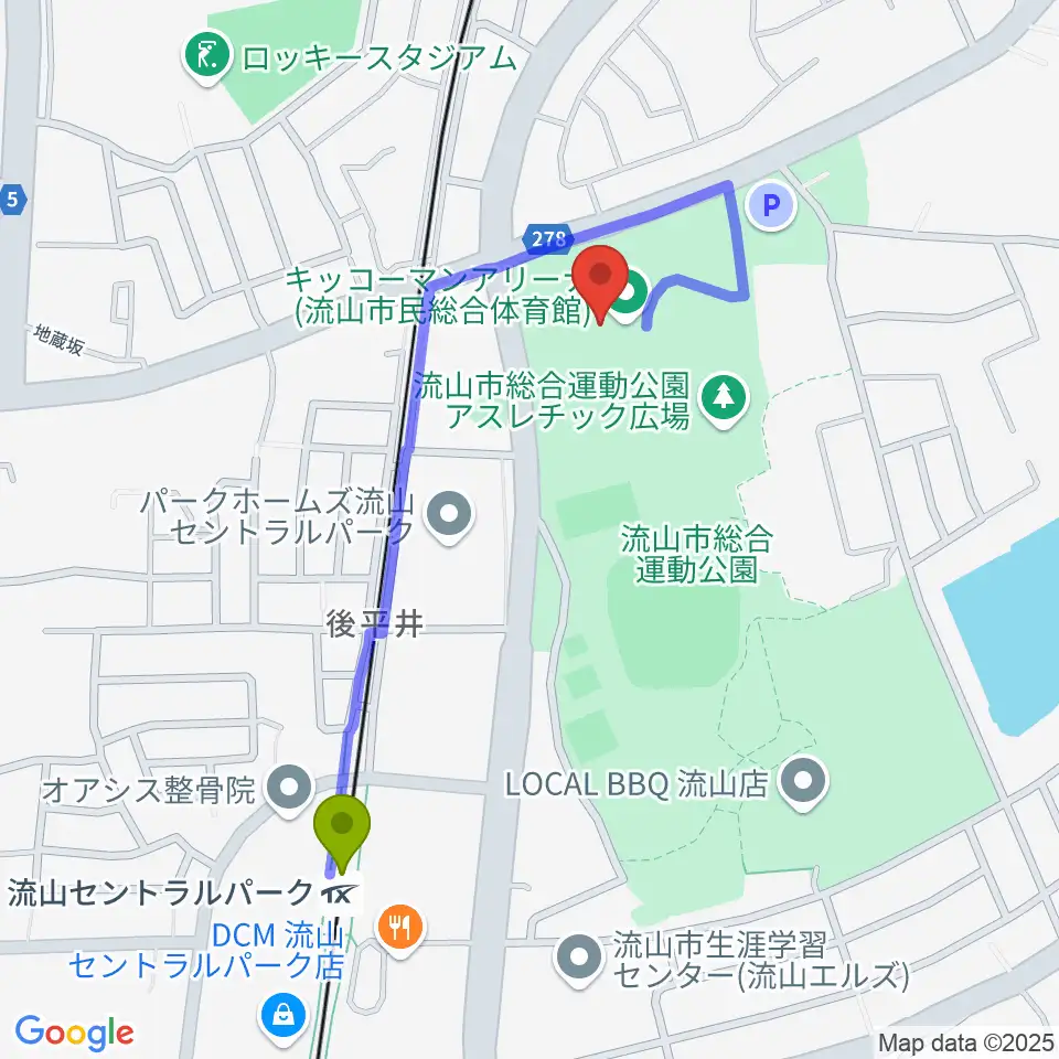 キッコーマンアリーナの最寄駅流山セントラルパーク駅からの徒歩ルート（約9分）地図