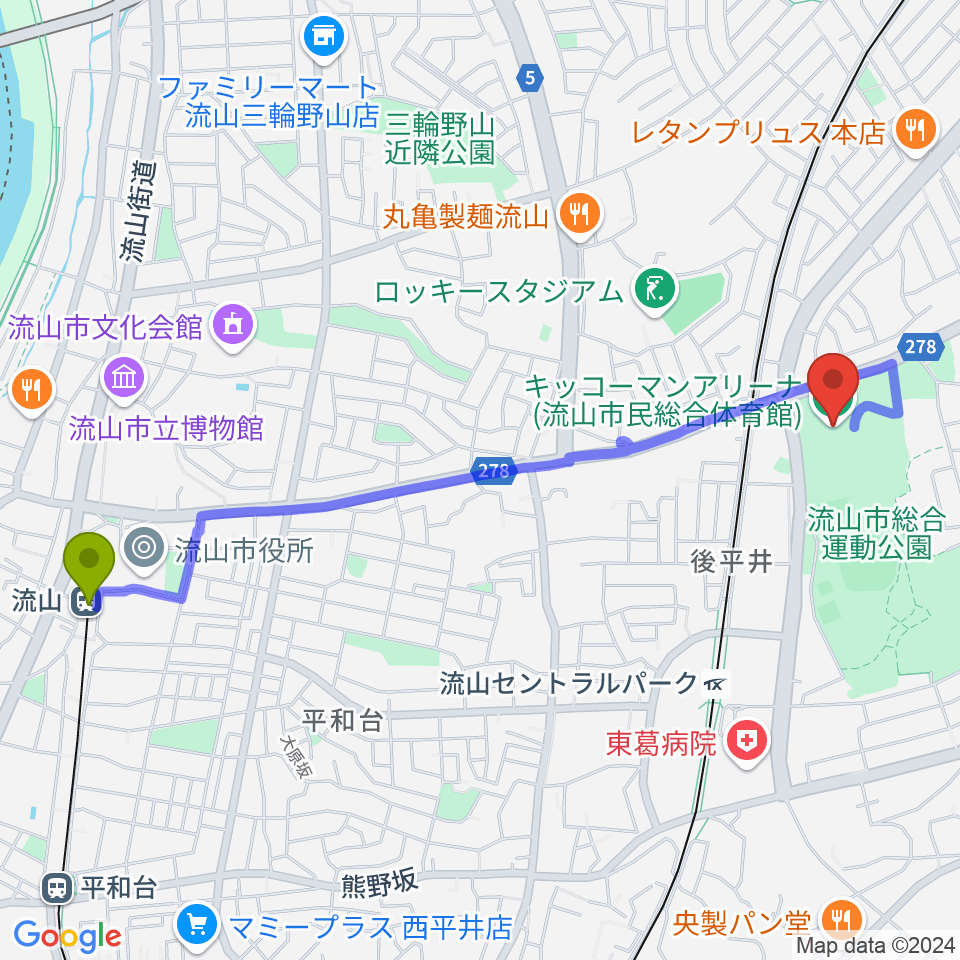 流山駅からキッコーマンアリーナへのルートマップ地図