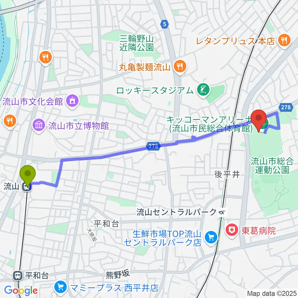 流山駅からキッコーマンアリーナへのルートマップ地図