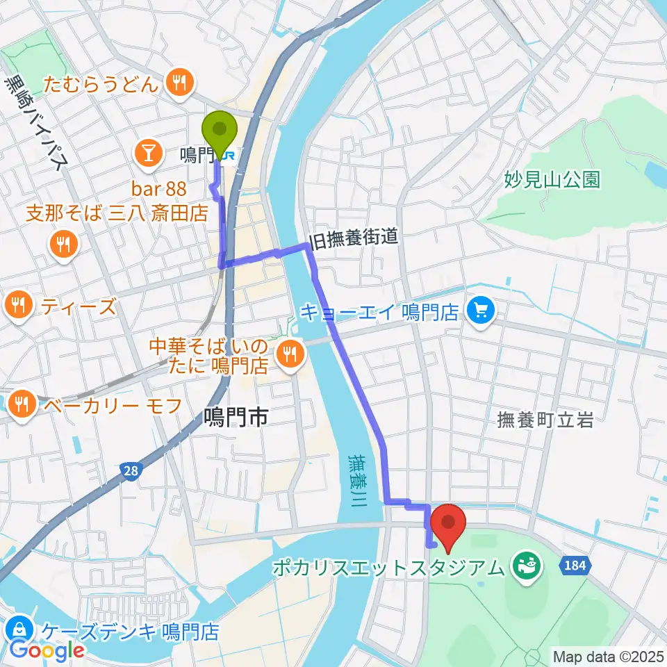 アミノバリューホールの最寄駅鳴門駅からの徒歩ルート（約22分）地図