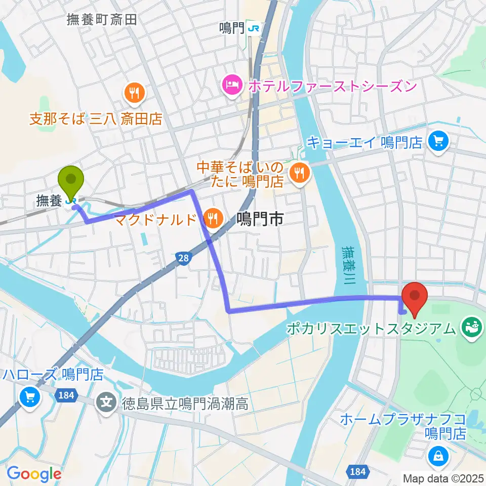 撫養駅からアミノバリューホールへのルートマップ地図