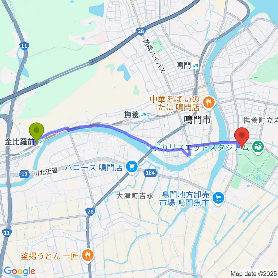 金比羅前駅からアミノバリューホールへのルートマップ地図