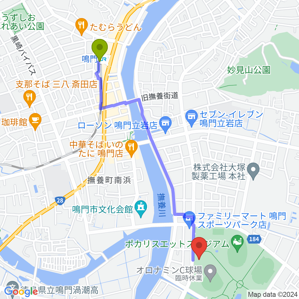 ソイジョイ武道館の最寄駅鳴門駅からの徒歩ルート（約23分）地図