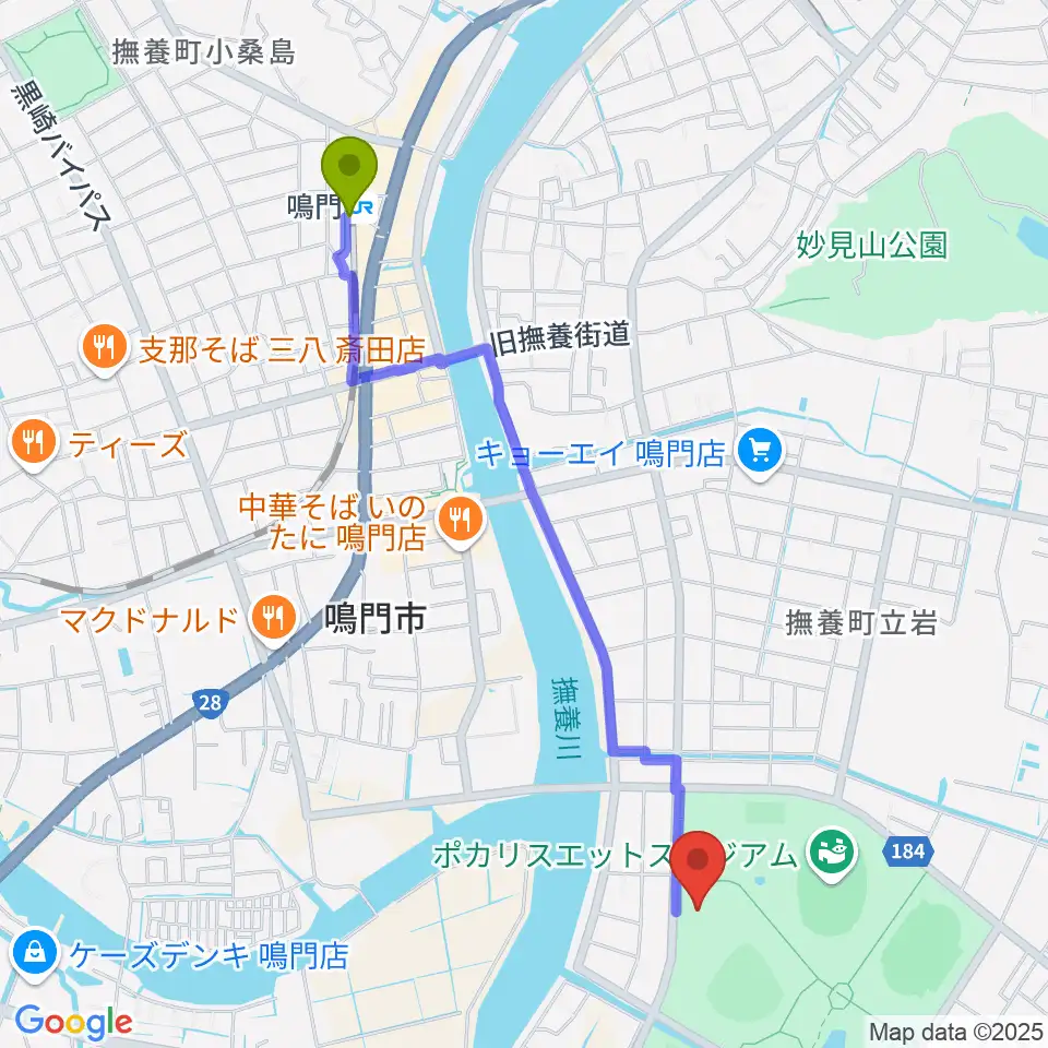 ソイジョイ武道館の最寄駅鳴門駅からの徒歩ルート（約23分）地図