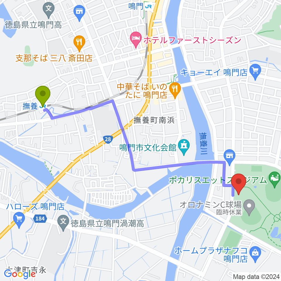 撫養駅からソイジョイ武道館へのルートマップ地図
