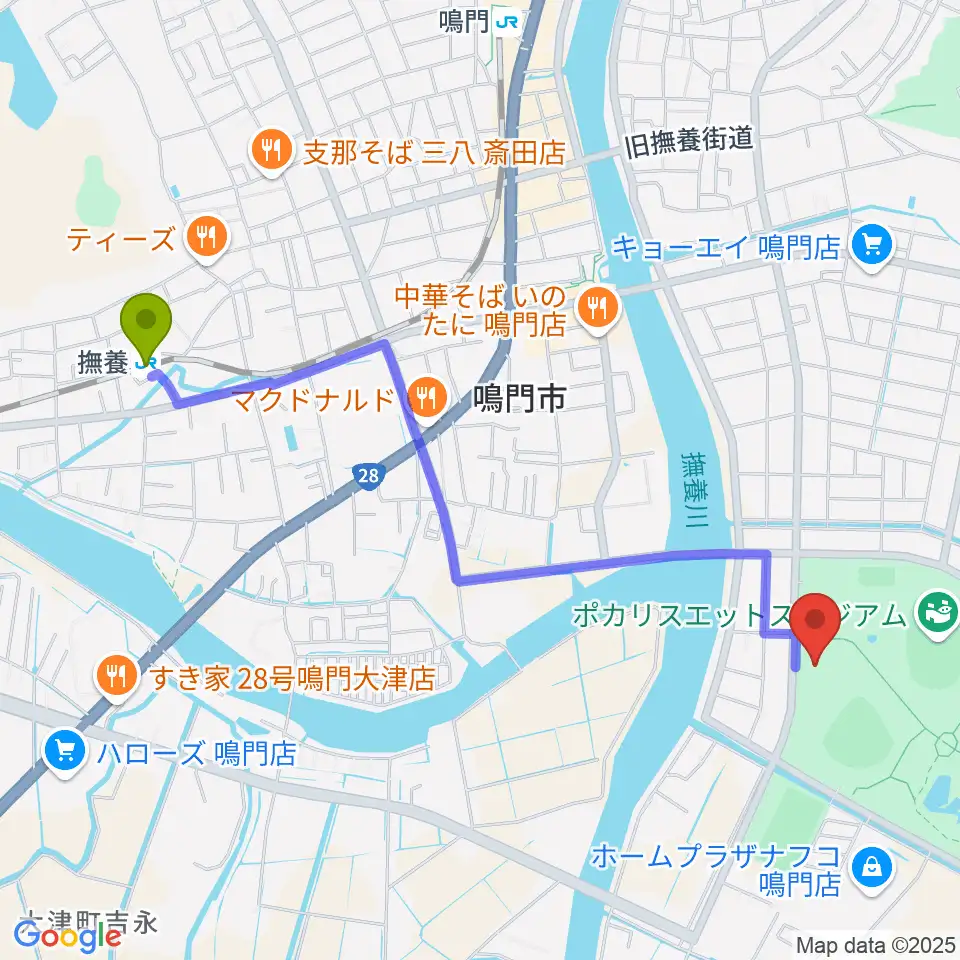 撫養駅からソイジョイ武道館へのルートマップ地図