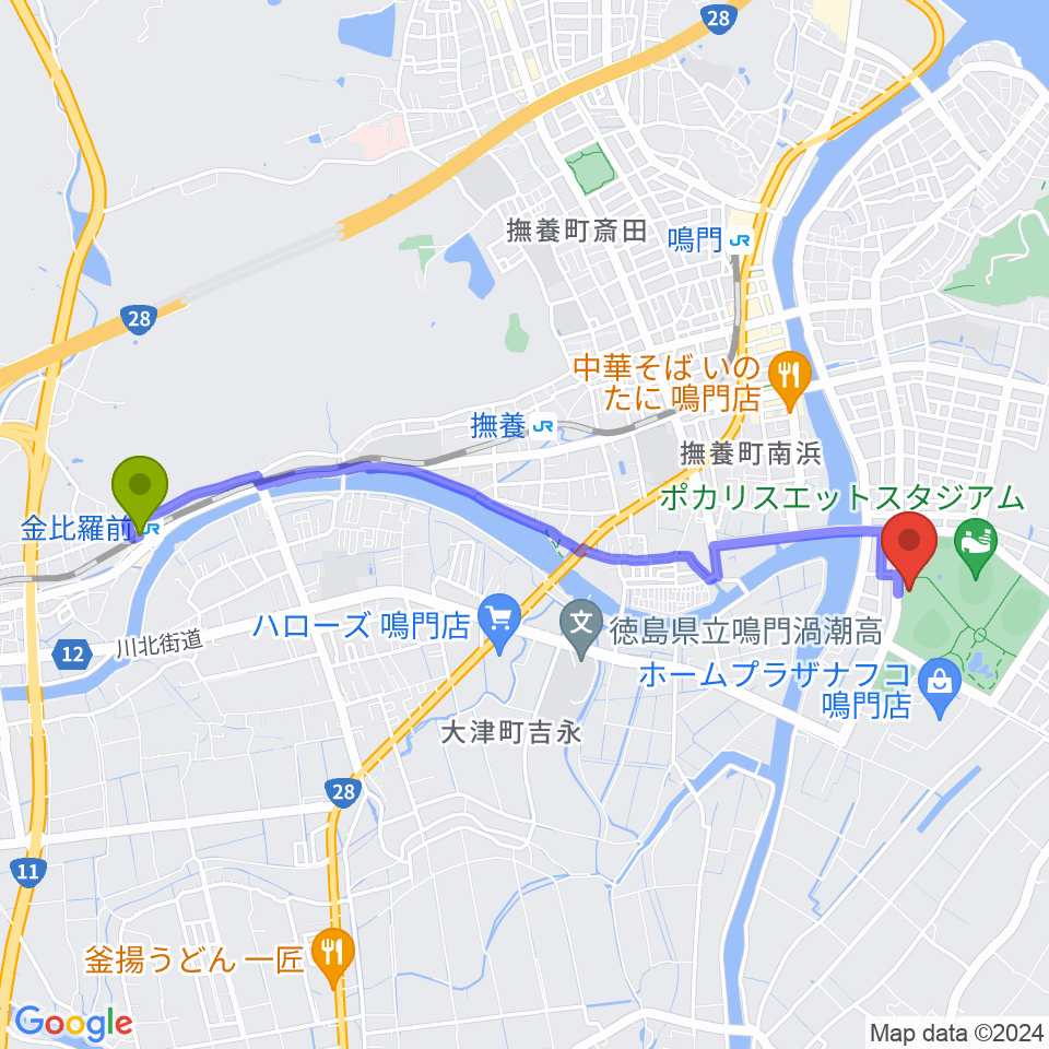 金比羅前駅からソイジョイ武道館へのルートマップ地図