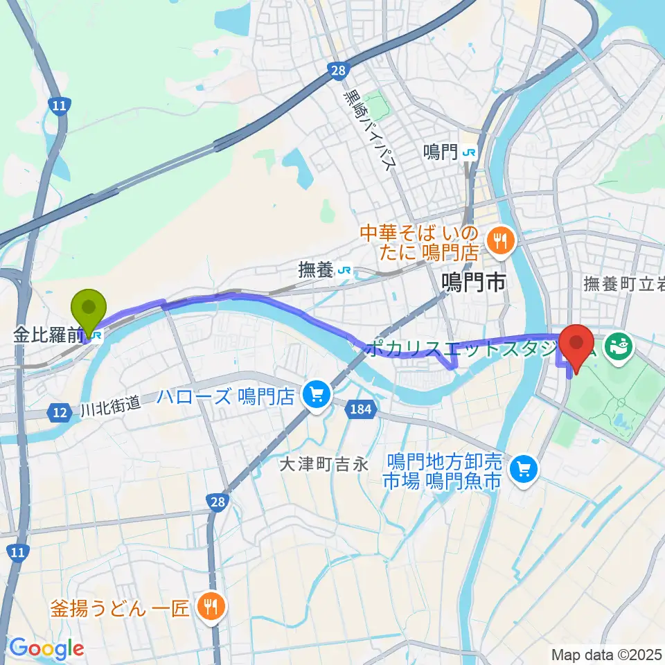 金比羅前駅からソイジョイ武道館へのルートマップ地図