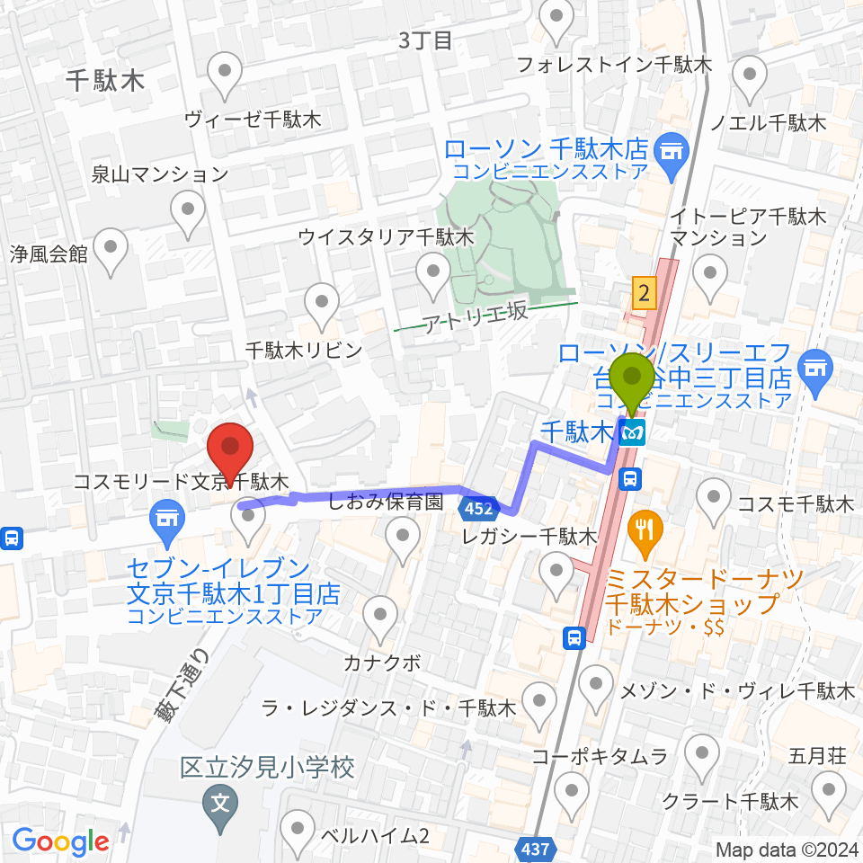団子坂スタジオの最寄駅千駄木駅からの徒歩ルート（約4分）地図