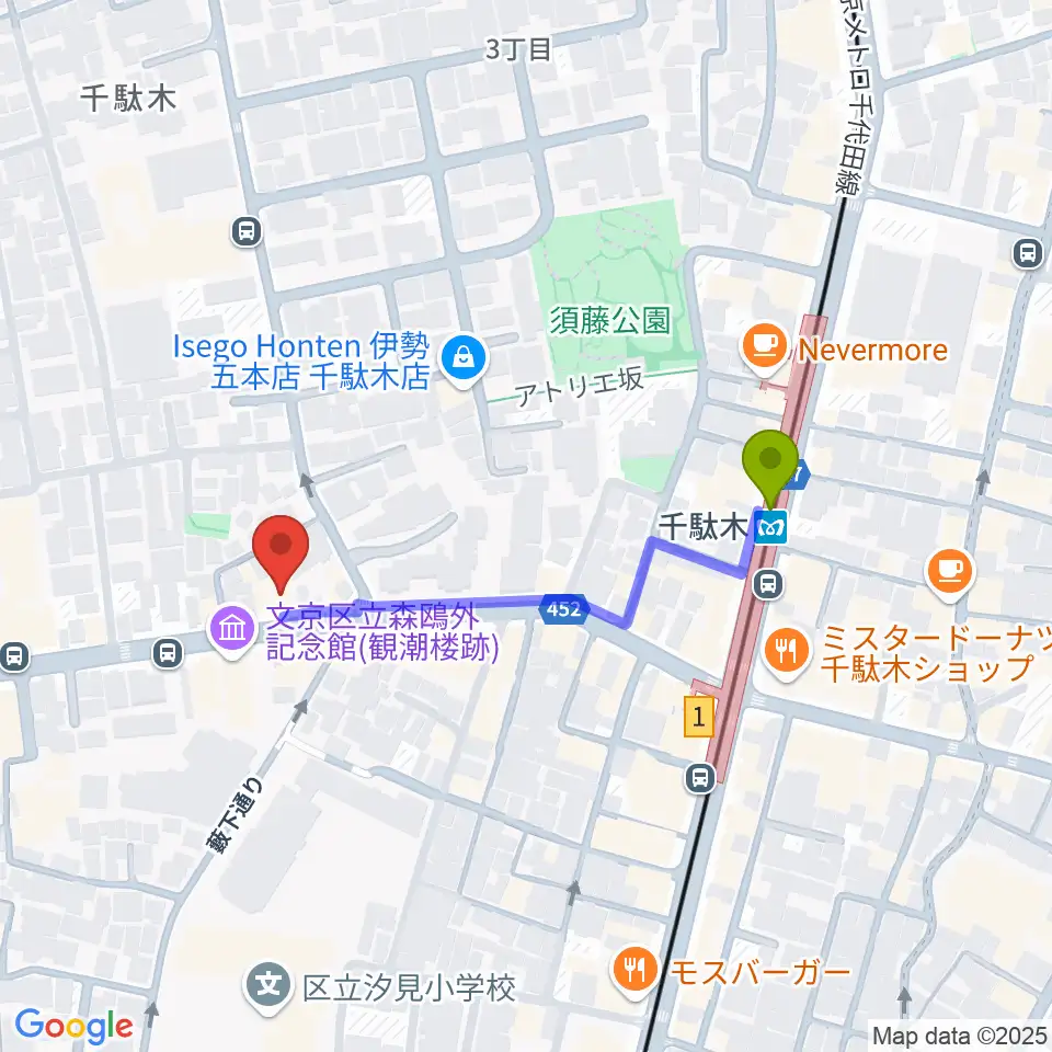 団子坂スタジオの最寄駅千駄木駅からの徒歩ルート（約4分）地図