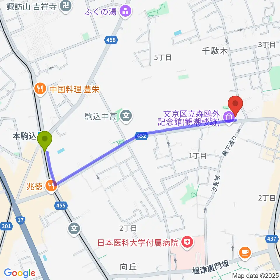 本駒込駅から団子坂スタジオへのルートマップ地図