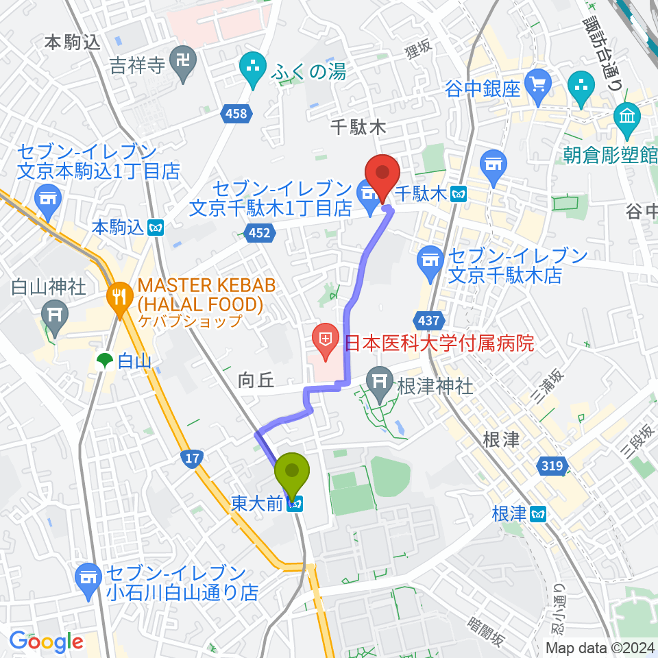 東大前駅から団子坂スタジオへのルートマップ地図