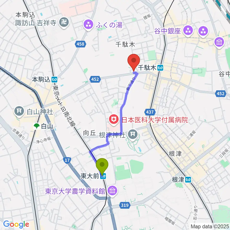 東大前駅から団子坂スタジオへのルートマップ地図