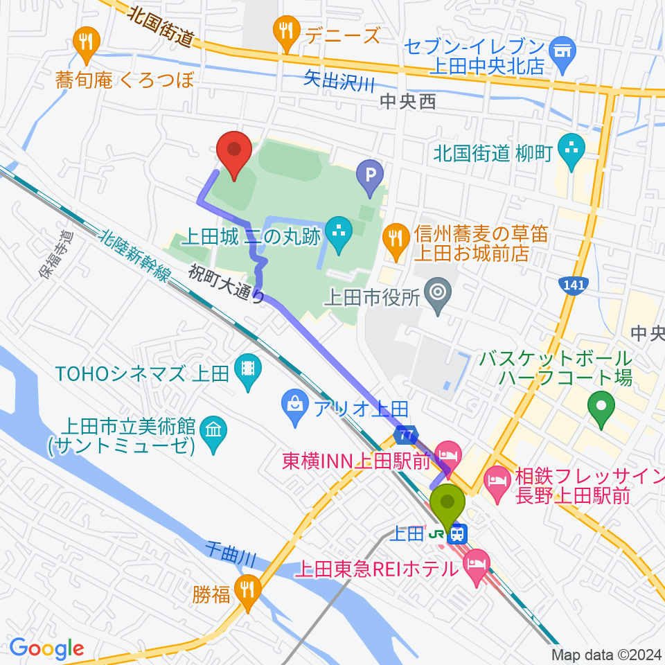 上田城跡公園野球場の最寄駅上田駅からの徒歩ルート（約19分）地図