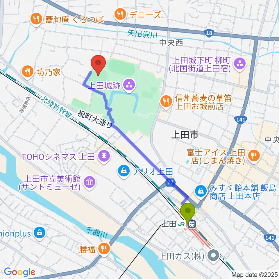 上田城跡公園野球場の最寄駅上田駅からの徒歩ルート（約19分）地図